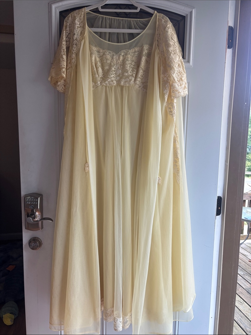 Vintage Shadowline Yellow Lace Nightgown and Sheer Robe Set